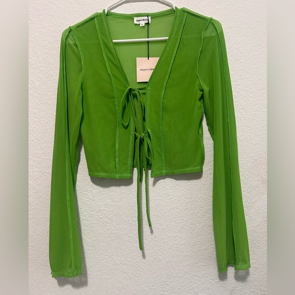 superdown Tess Tie Front Top in Kelly Green Sheer Top size S - Picture 4 of 9
